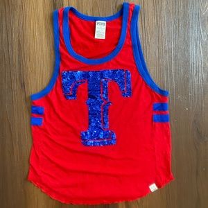 PINK Victoria’s Secret Texas Rangers MLB baseball red blue sequin tank top